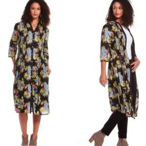 J.Peterman | Floral Pleated Boho Shirt Dress w/ Pockets Black Multi | Size Small